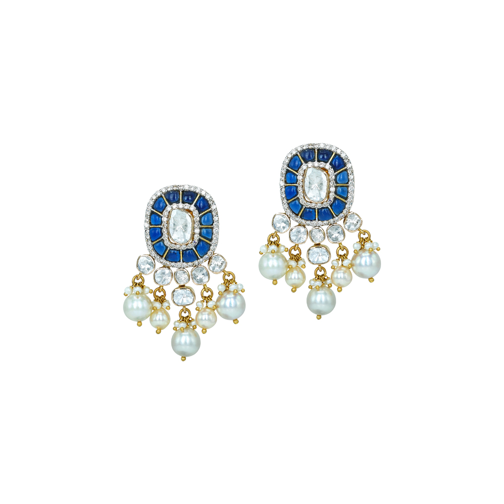 Polki Earrings with Blue Talaf and Pearl Clusters